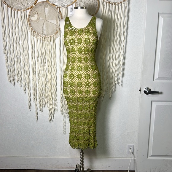 Nicole Miller Collection Crochet Long Midi Dress with Slip in Green Size Small - Picture 1 of 9